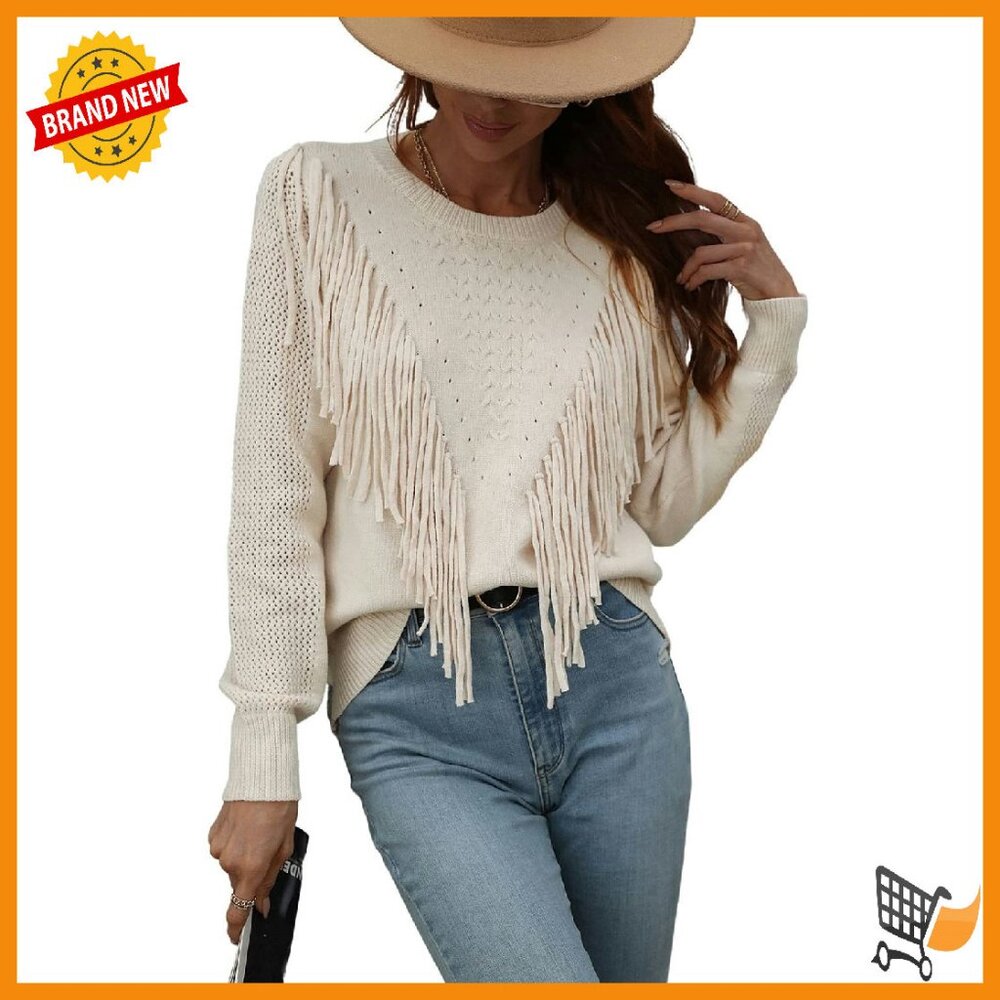 Fringe Tassel Cable Knit Pullover Sweater Women's Casual Crewneck